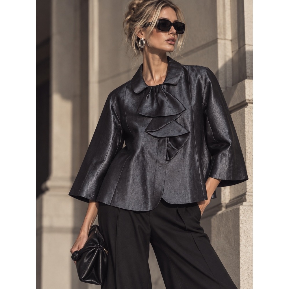 VTG Moschino Cheap & Chic Silk Wool Crop Swing Coat Sharkskin Mod Retro Ruffle